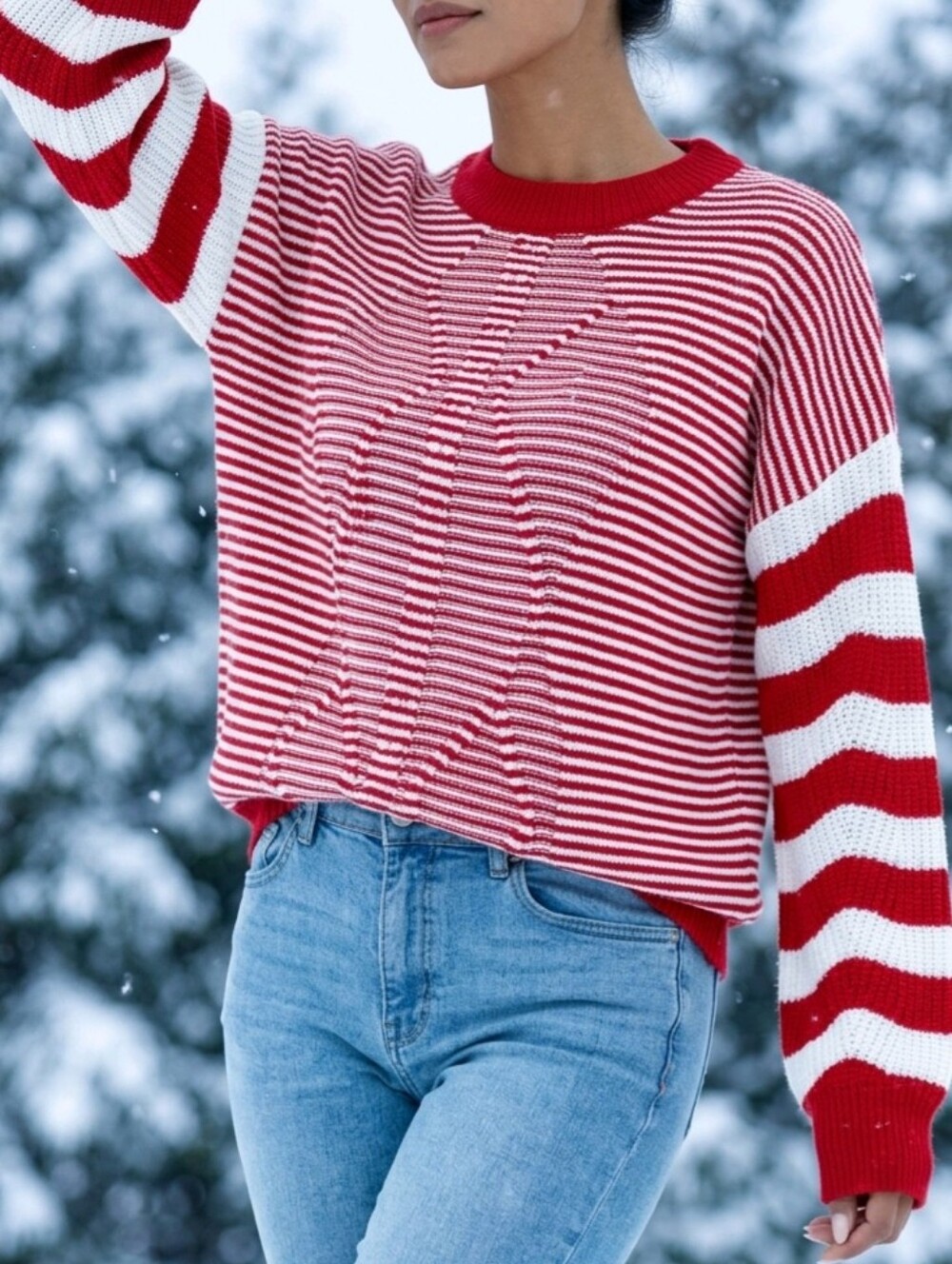 🩵NWOT Red & White Striped Knit Long Sleeve Sweater Large - Picture 1 of 9